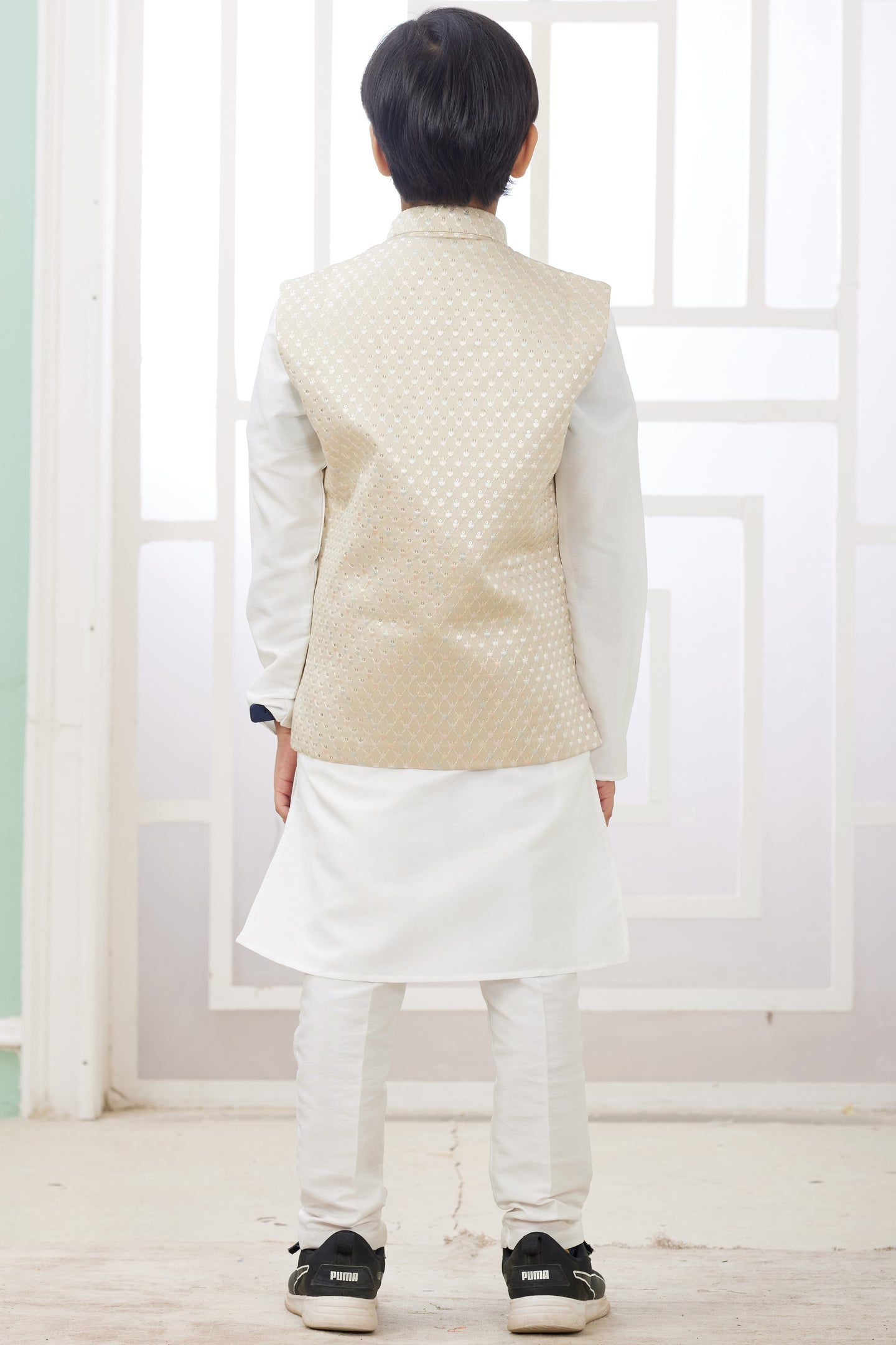 Cream Art Silk 3 Piece Kids Wear Boys Suit Kurta Pajama with Waistcoat Nehru Jacket for Kids for Festivals & Wedding - Embroidery Work