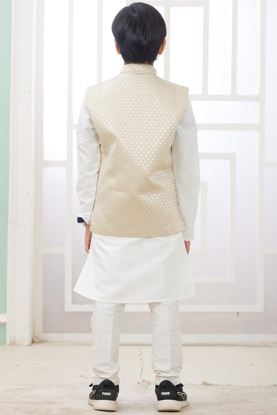 Cream Art Silk 3 Piece Kids Wear Boys Suit Kurta Pajama with Waistcoat Nehru Jacket for Kids for Festivals & Wedding - Embroidery Work
