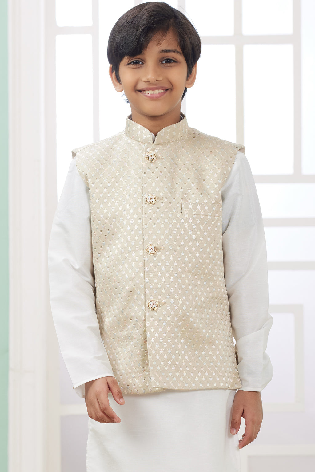 Cream Art Silk 3 Piece Kids Wear Boys Suit Kurta Pajama with Waistcoat Nehru Jacket for Kids for Festivals & Wedding - Embroidery Work