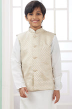 Cream Art Silk 3 Piece Kids Wear Boys Suit Kurta Pajama with Waistcoat Nehru Jacket for Kids for Festivals & Wedding - Embroidery Work