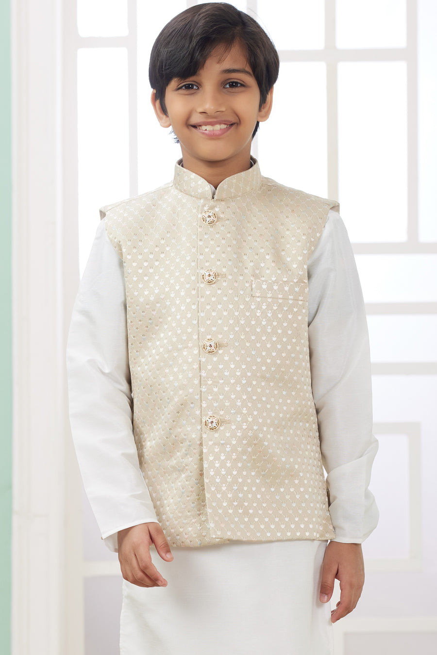 Cream Art Silk 3 Piece Kids Wear Boys Suit Kurta Pajama with Waistcoat Nehru Jacket for Kids for Festivals & Wedding - Embroidery Work