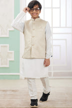 Cream Art Silk 3 Piece Kids Wear Boys Suit Kurta Pajama with Waistcoat Nehru Jacket for Kids for Festivals & Wedding - Embroidery Work