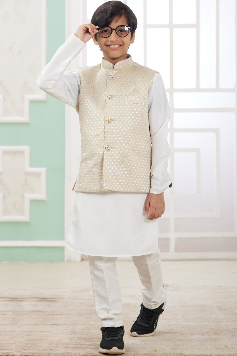 Cream Art Silk 3 Piece Kids Wear Boys Suit Kurta Pajama with Waistcoat Nehru Jacket for Kids for Festivals & Wedding - Embroidery Work