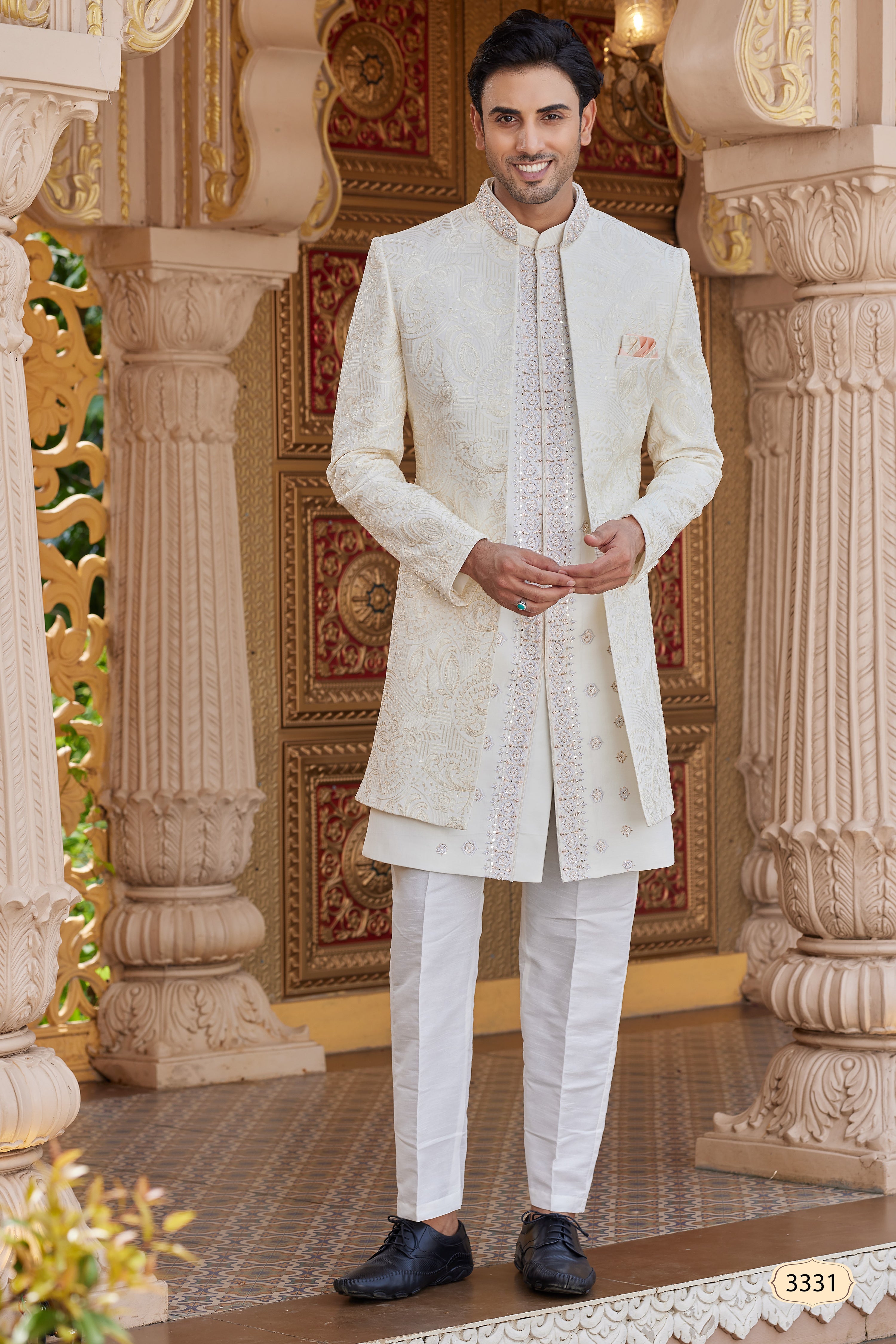 Cream Art Silk Indo Western Suit Long Kurta with Jacket, Pant & Dupatta for Men for Wedding - Thread Embroidery Work
