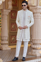 Cream Art Silk Indo Western Suit Long Kurta with Jacket, Pant & Dupatta for Men for Wedding - Thread Embroidery Work