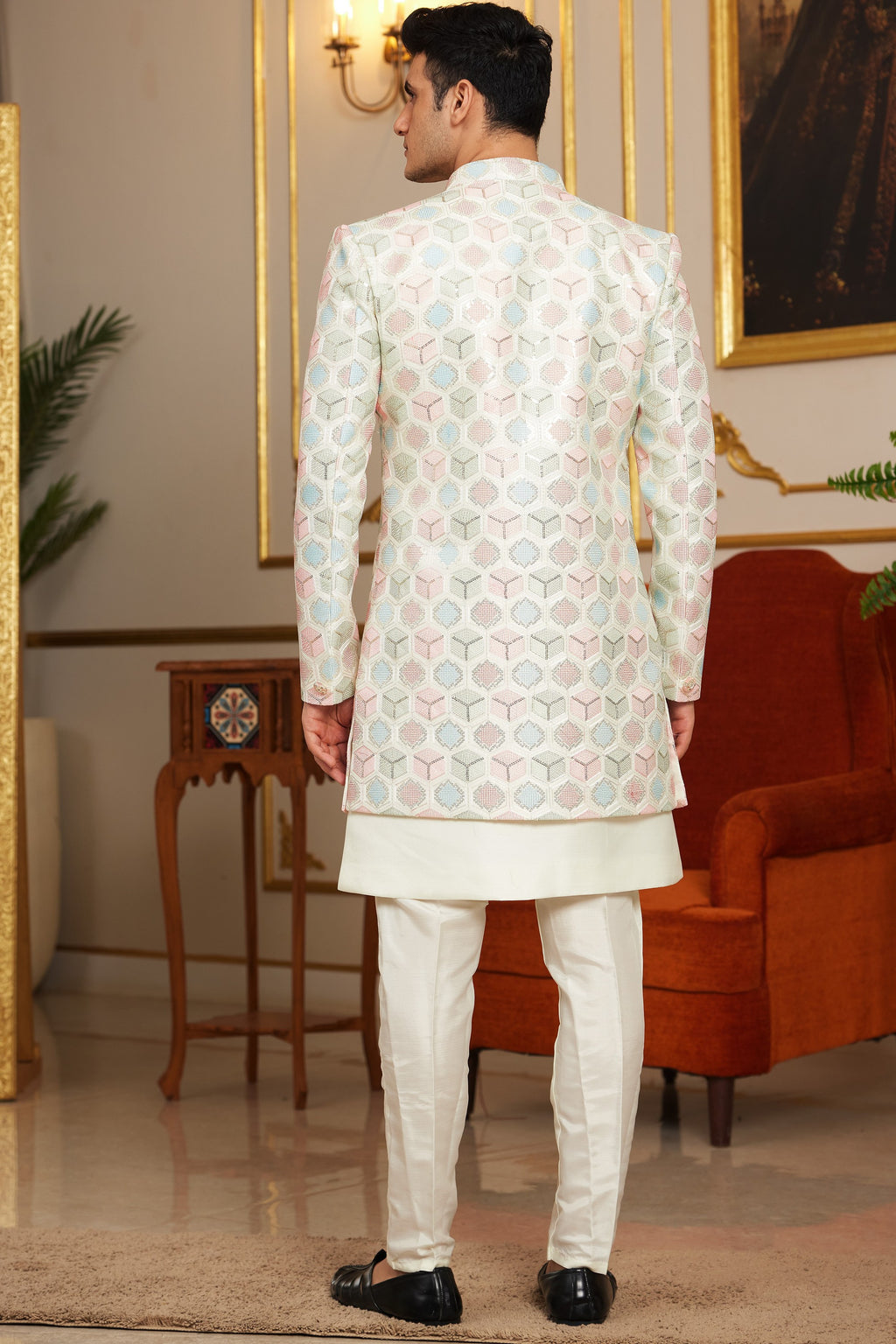 Cream Art Silk Indo Western Suit Long Kurta with Jacket & Pant for Men for Wedding - Thread Embroidery Work