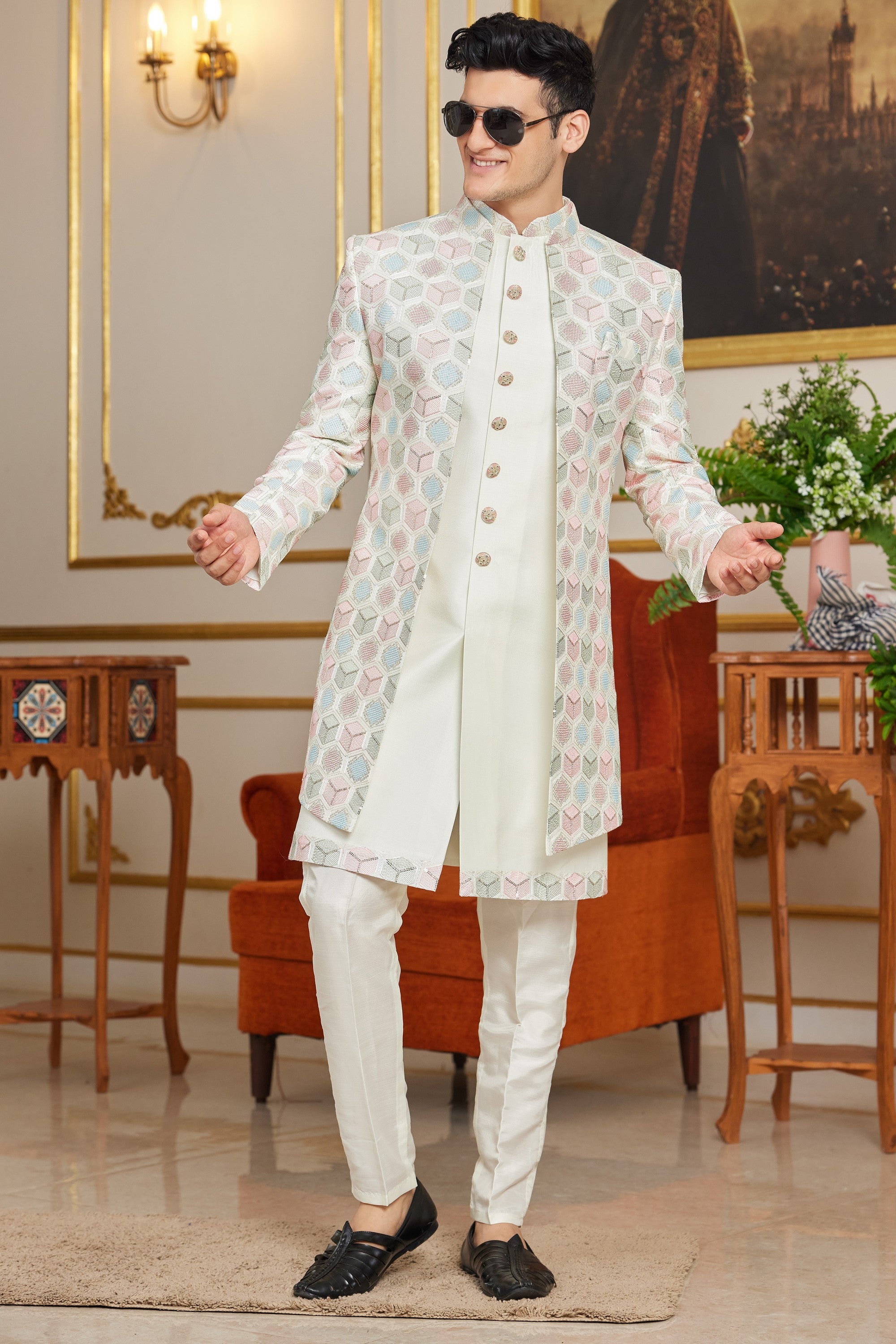 Cream Art Silk Indo Western Suit Long Kurta with Jacket & Pant for Men for Wedding - Thread Embroidery Work