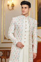 Cream Art Silk Indo Western Suit Long Kurta with Jacket & Pant for Men for Wedding - Thread Embroidery Work