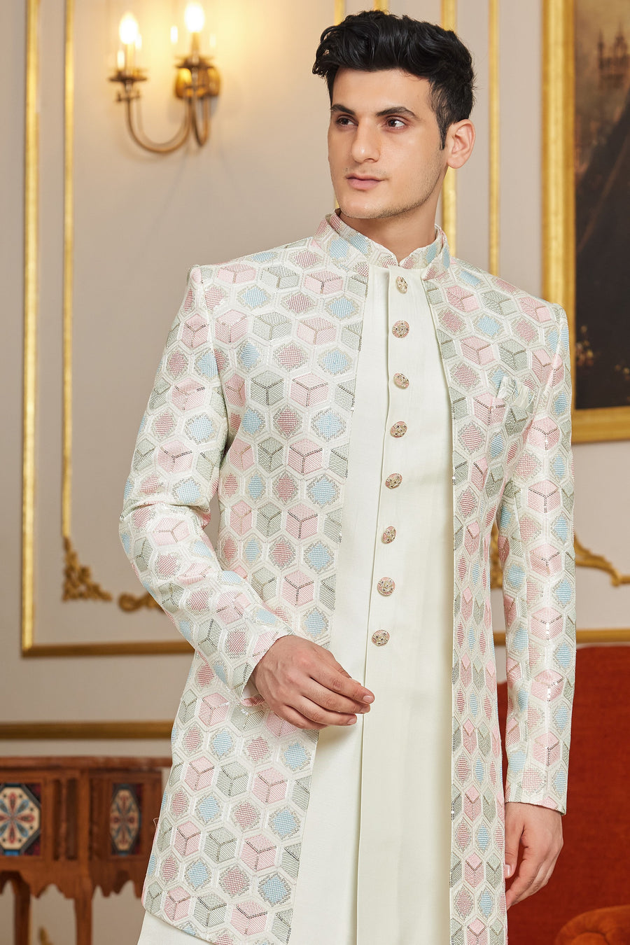 Cream Art Silk Indo Western Suit Long Kurta with Jacket & Pant for Men for Wedding - Thread Embroidery Work
