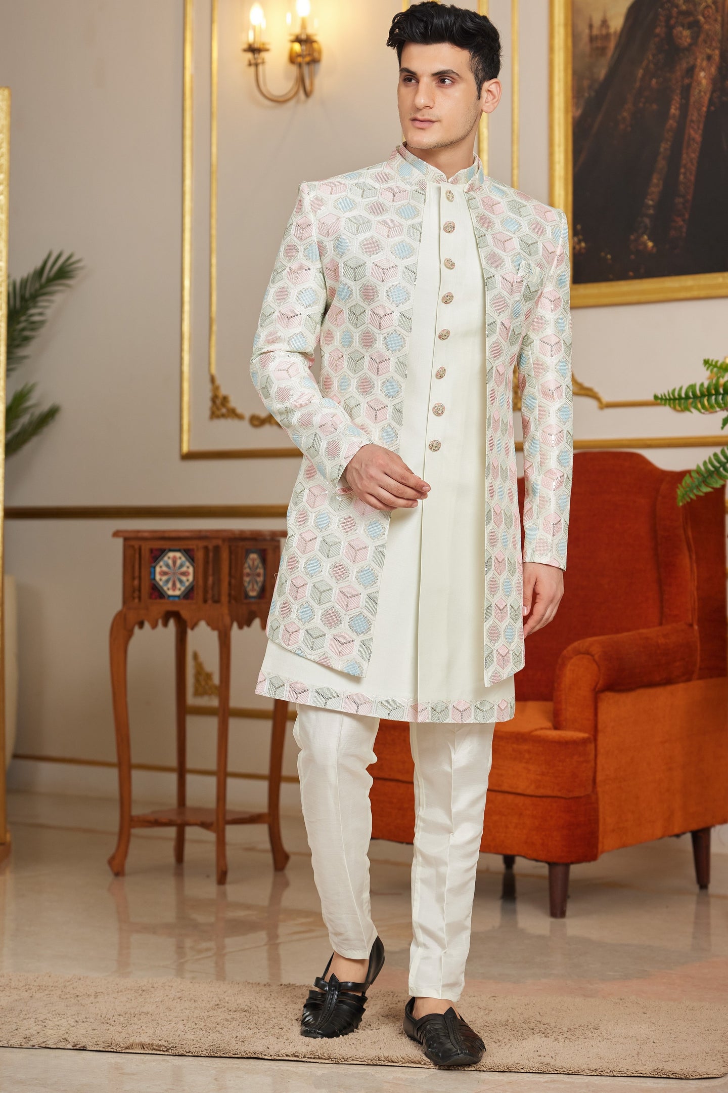 Cream Art Silk Indo Western Suit Long Kurta with Jacket & Pant for Men for Wedding - Thread Embroidery Work