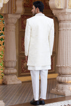 Cream Art Silk Indo Western Suit Long Kurta with Jacket, Pant & Dupatta for Men for Wedding - Thread Embroidery Work
