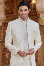 Cream Art Silk Indo Western Suit Long Kurta with Jacket, Pant & Dupatta for Men for Wedding - Thread Embroidery Work
