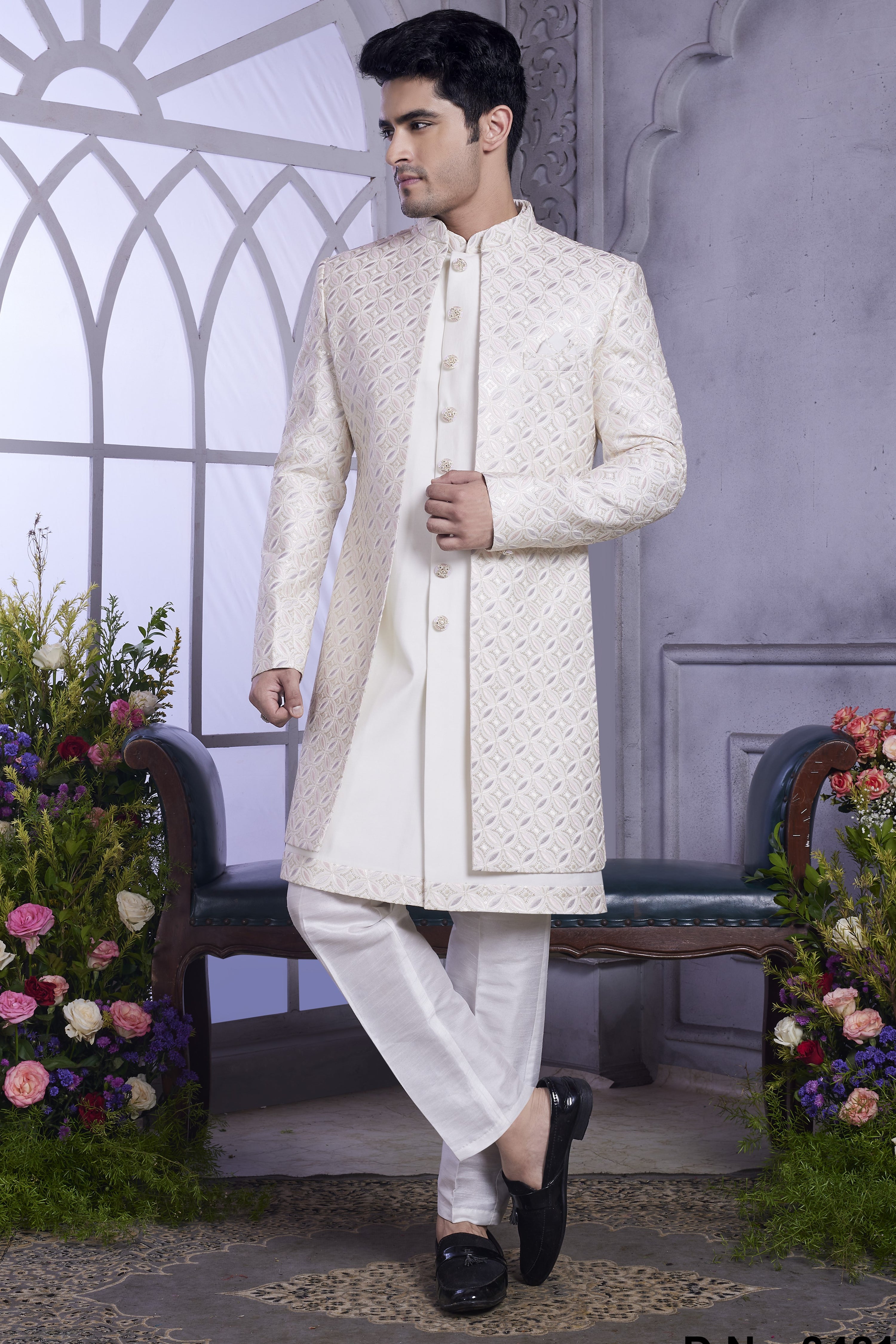 Cream Art Silk Indo Western Traditional Sherwani Kurta with Jacket & Pant for Men for Wedding - Embroidery Work