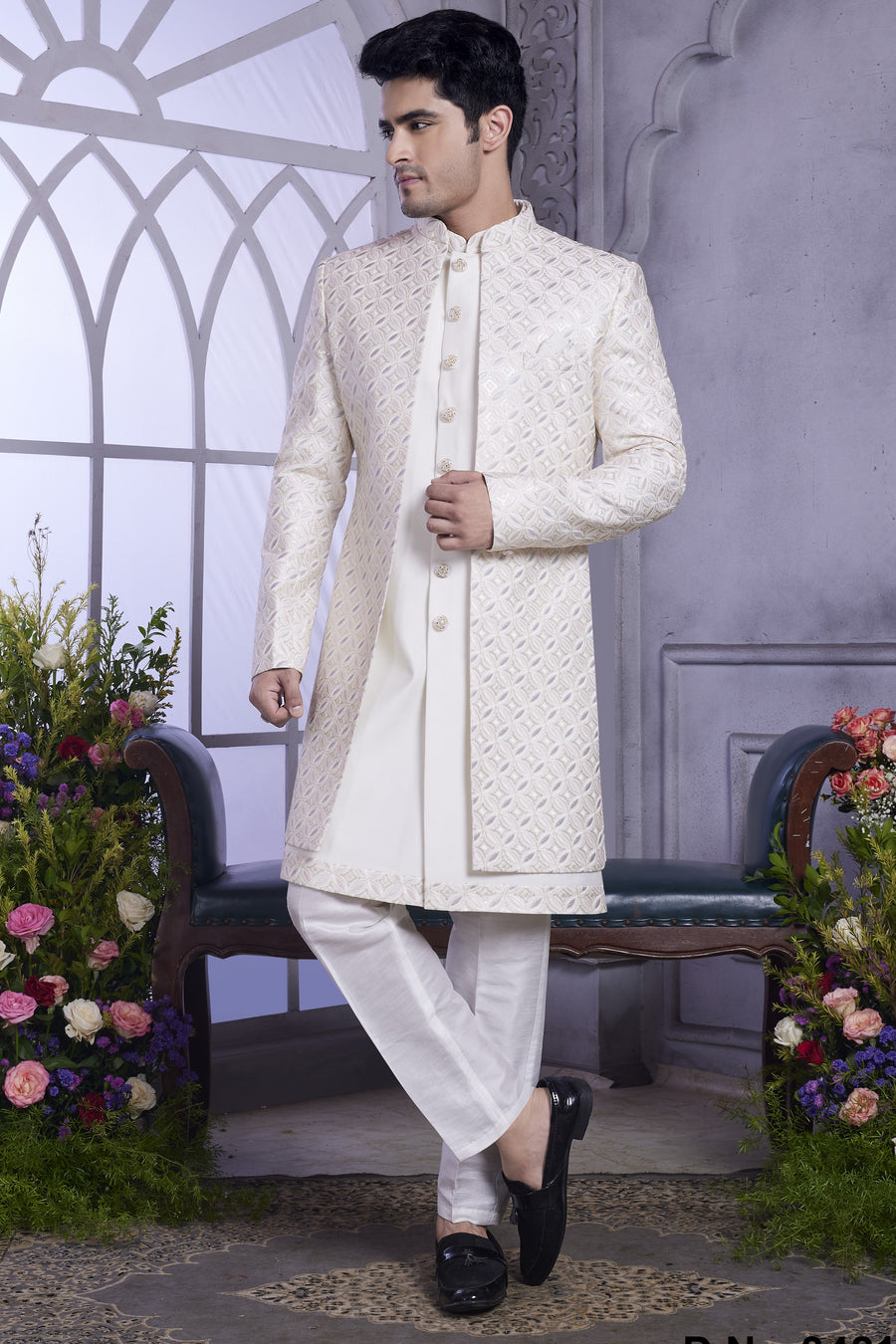 Cream Art Silk Indo Western Traditional Sherwani Kurta with Jacket & Pant for Men for Wedding - Embroidery Work