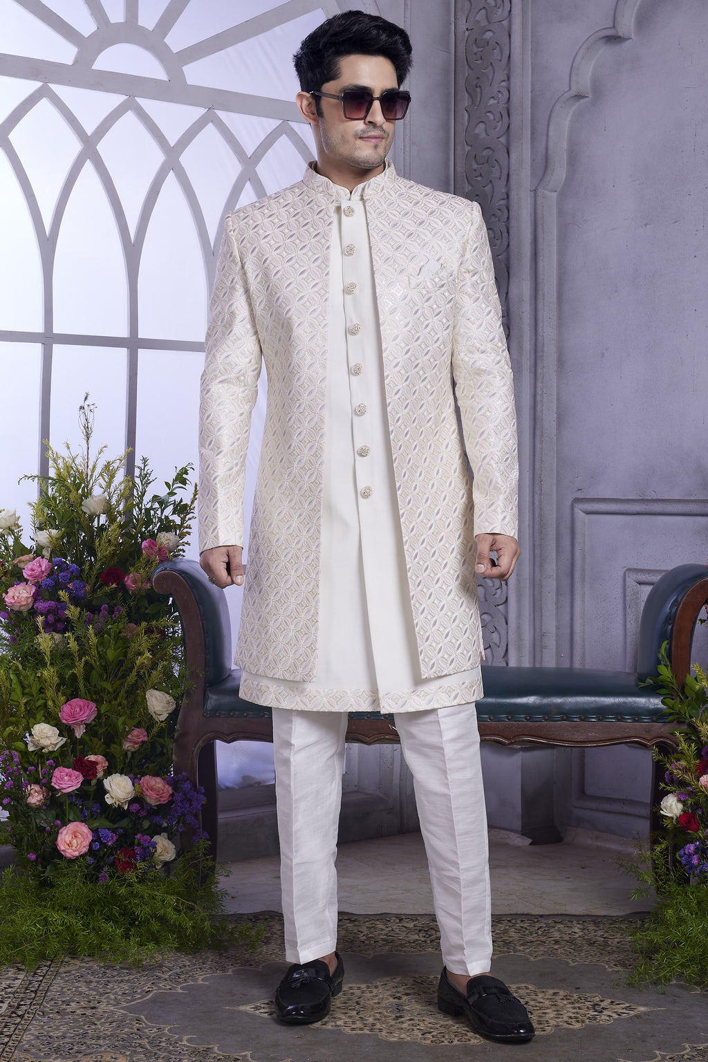 Cream Art Silk Indo Western Traditional Sherwani Kurta with Jacket & Pant for Men for Wedding - Embroidery Work