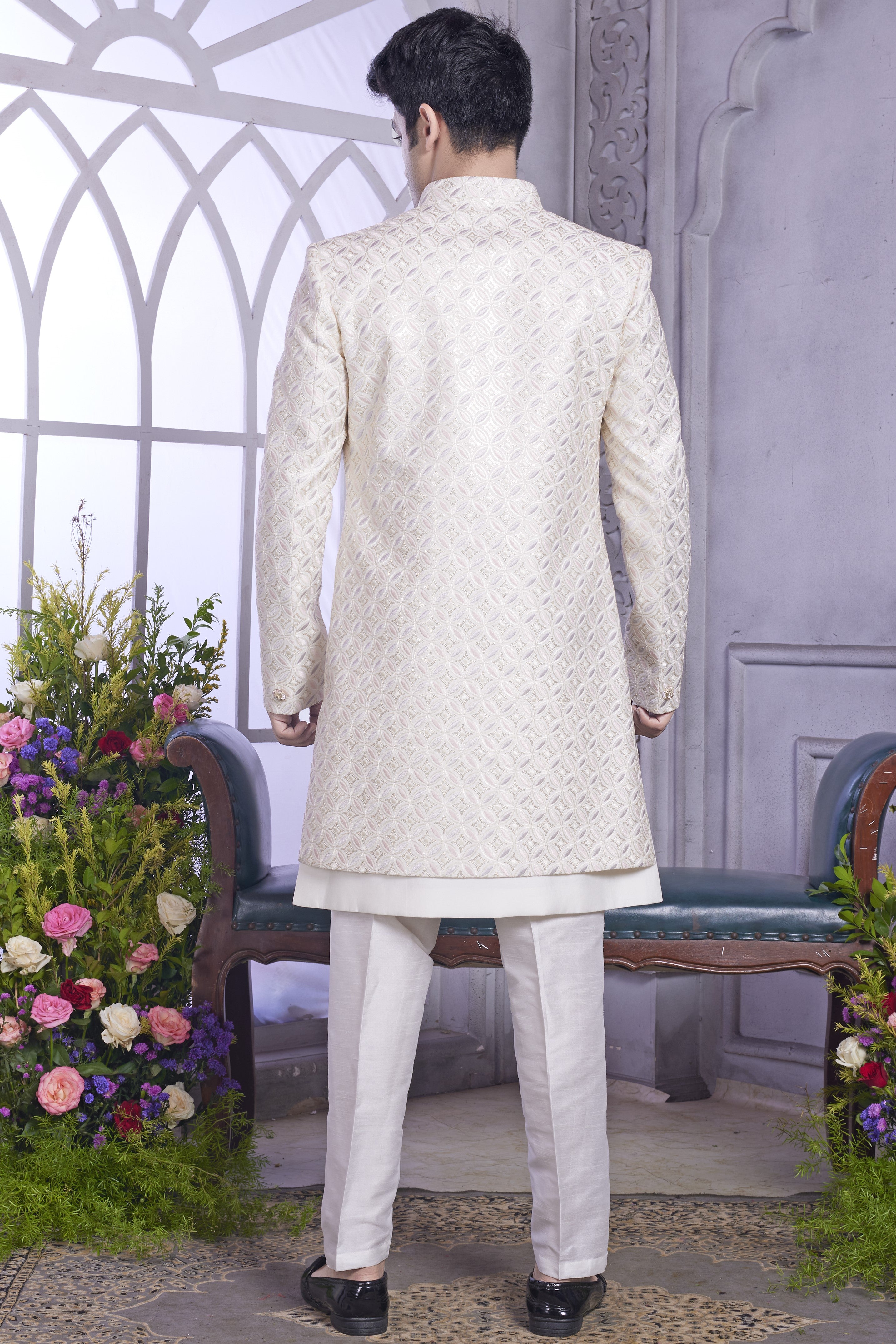 Cream Art Silk Indo Western Traditional Sherwani Kurta with Jacket & Pant for Men for Wedding - Embroidery Work