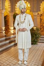 Cream Art Silk Indo Western Traditional Sherwani Long Kurta with Pant & Dupatta for Men for Wedding - Embroidery Work