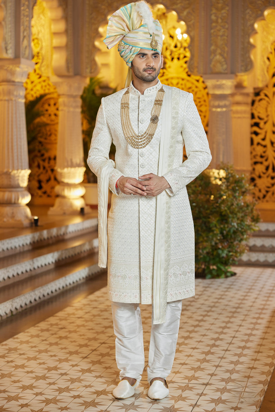 Cream Art Silk Indo Western Traditional Sherwani Long Kurta with Pant & Dupatta for Men for Wedding - Embroidery Work