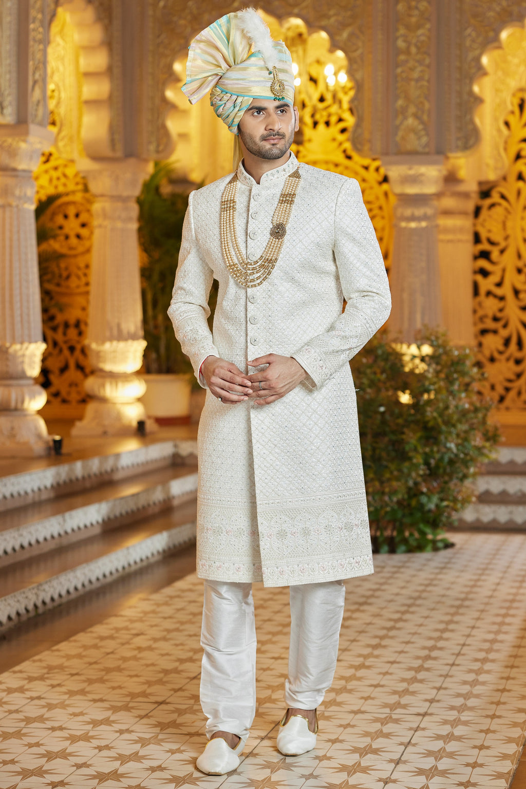 Cream Art Silk Indo Western Traditional Sherwani Long Kurta with Pant & Dupatta for Men for Wedding - Embroidery Work