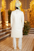 Cream Art Silk Indo Western Traditional Sherwani Long Kurta with Pant & Dupatta for Men for Wedding - Embroidery Work