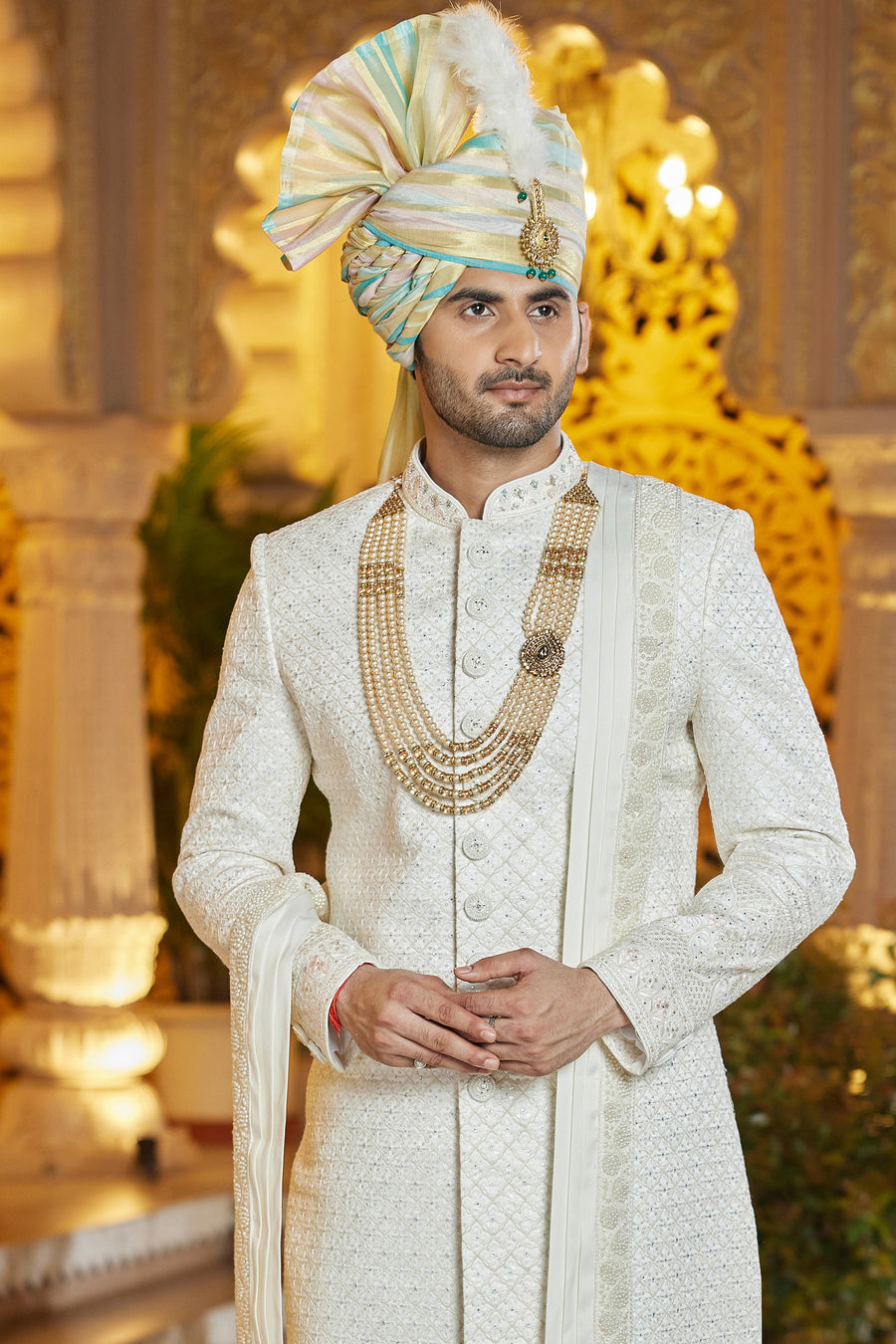 Cream Art Silk Indo Western Traditional Sherwani Long Kurta with Pant & Dupatta for Men for Wedding - Embroidery Work