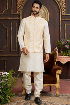 Cream Art Silk Kurta Pajama with Waistcoat Jacket for Men for Festival & Wedding - Print Work