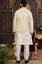 Cream Art Silk Kurta Pajama with Waistcoat Jacket for Men for Festival & Wedding - Print Work
