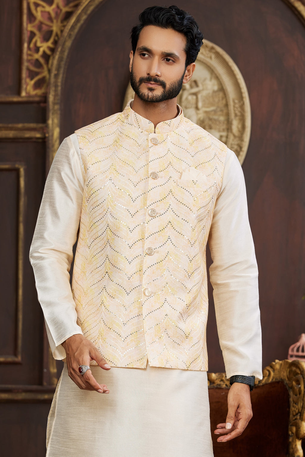 Cream Art Silk Kurta Pajama with Waistcoat Jacket for Men for Festival & Wedding - Print Work