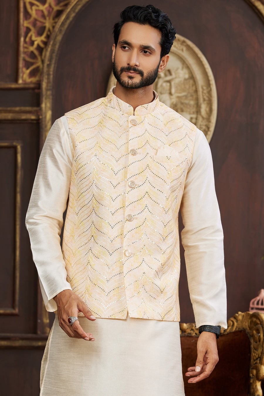 Cream Art Silk Kurta Pajama with Waistcoat Jacket for Men for Festival & Wedding - Print Work