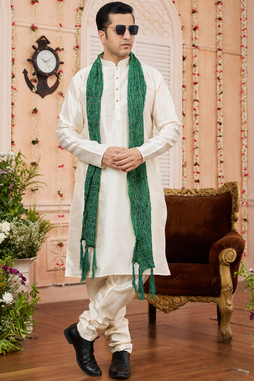 Cream Art Silk Plain Kurta Pajama with Stole Scarf for Men for Festivals & Wedding