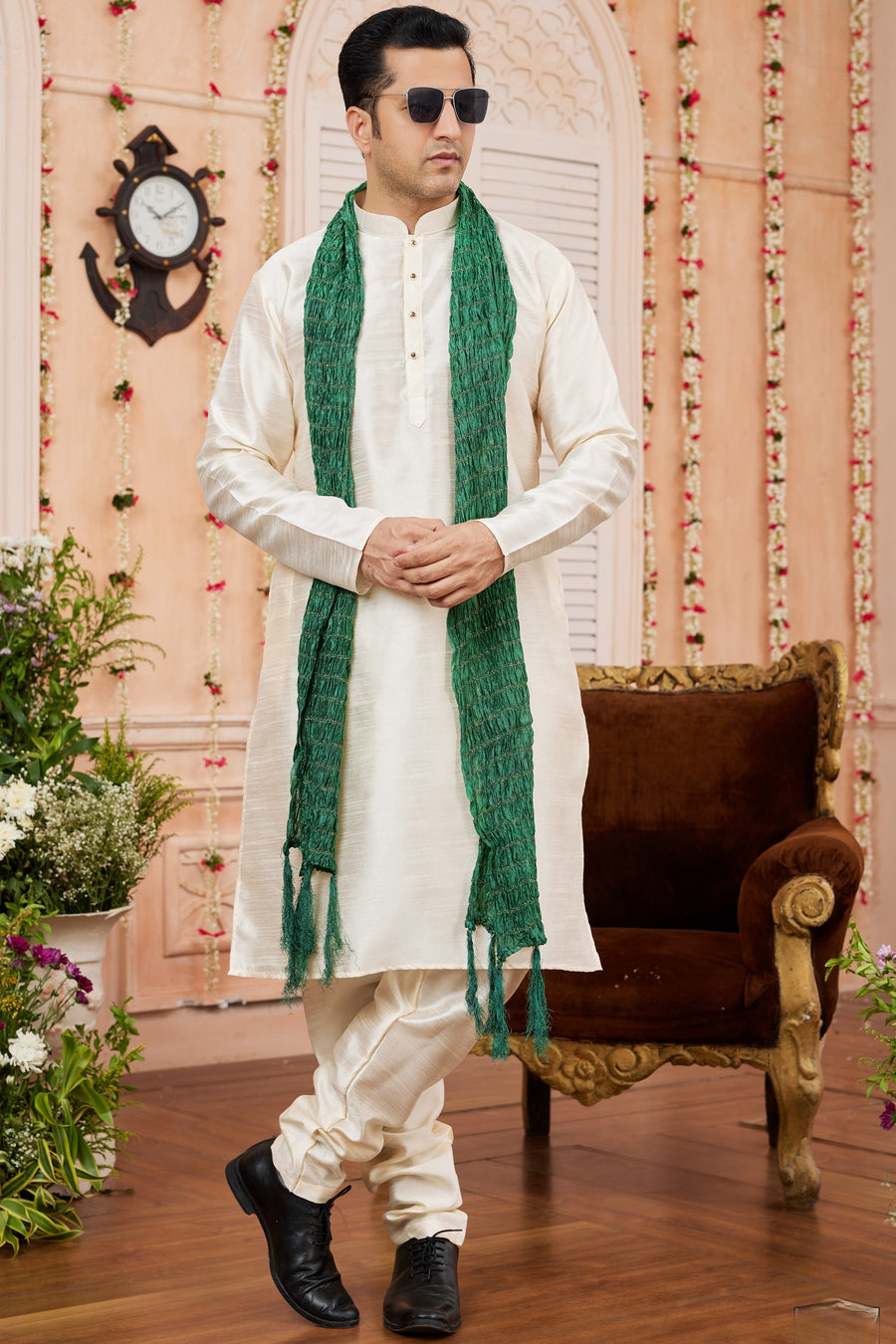 Cream Art Silk Plain Kurta Pajama with Stole Scarf for Men for Festivals & Wedding