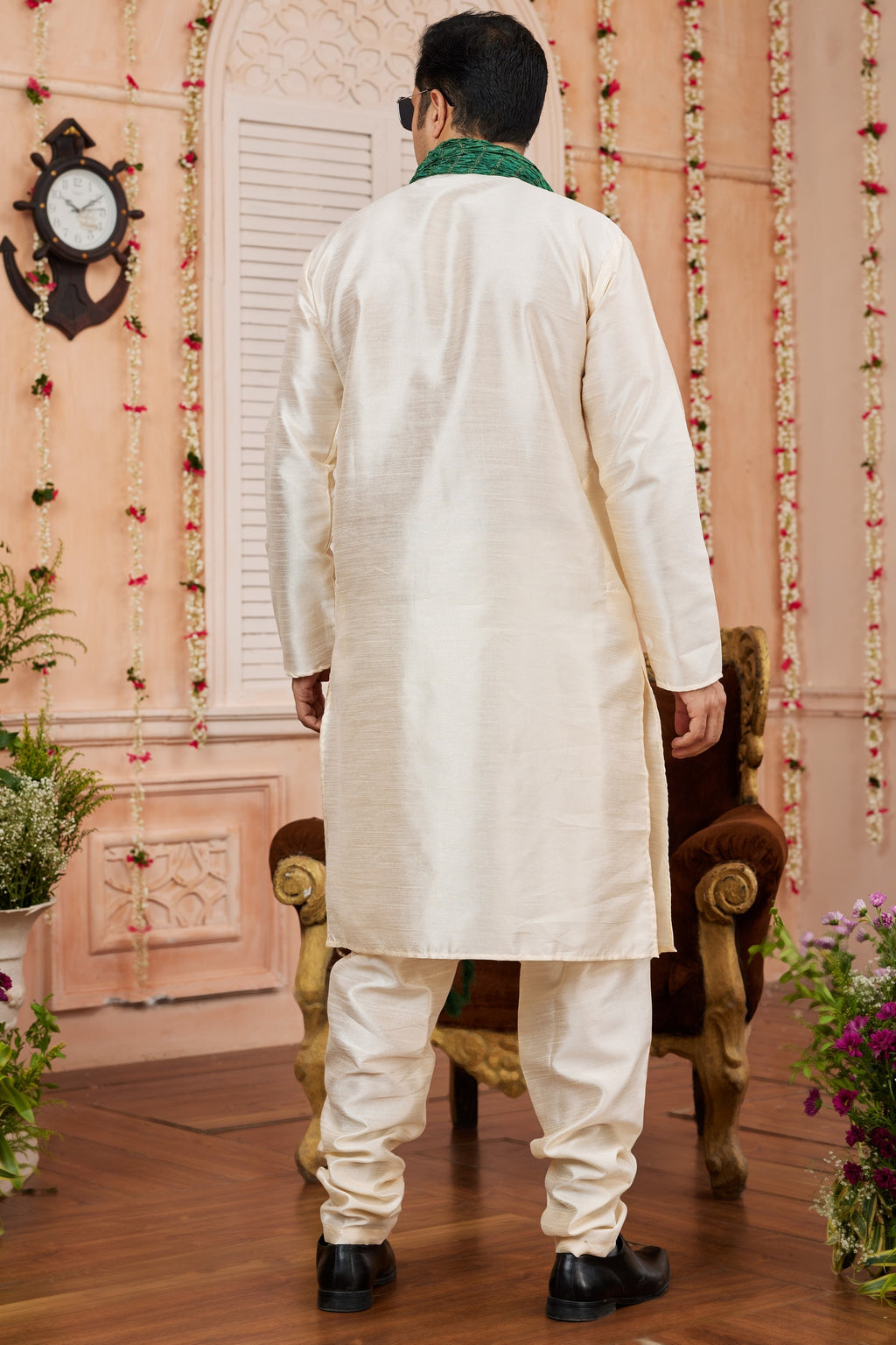 Cream Art Silk Plain Kurta Pajama with Stole Scarf for Men for Festivals & Wedding