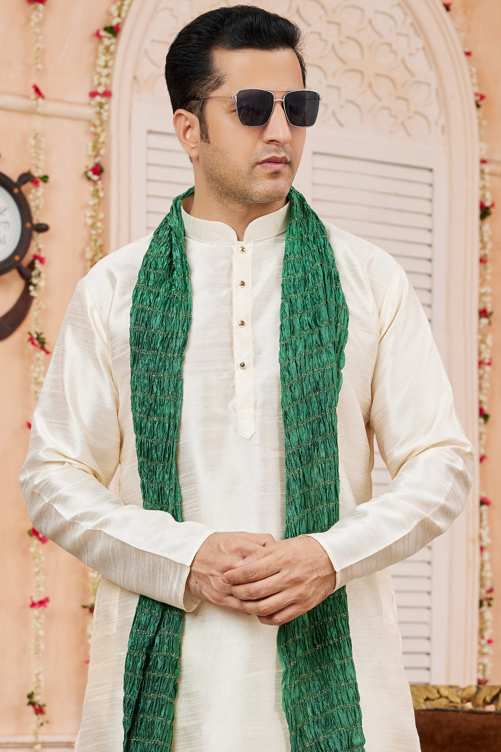 Cream Art Silk Plain Kurta Pajama with Stole Scarf for Men for Festivals & Wedding