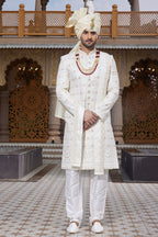 Cream Art Silk Traditional Indo Western Sherwani Long Kurta with Pant & Dupatta for Men for Wedding - Embroidery Work