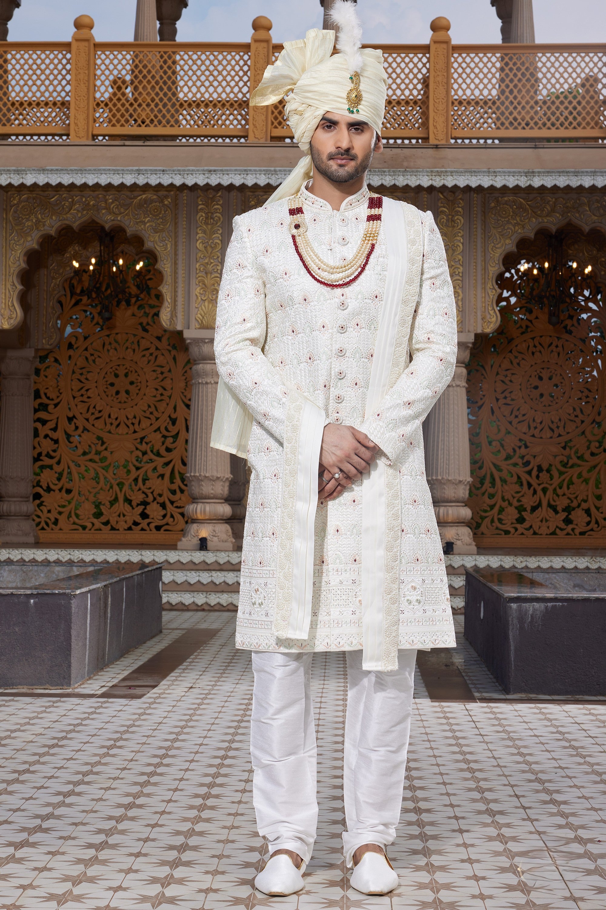 Cream Art Silk Traditional Indo Western Sherwani Long Kurta with Pant & Dupatta for Men for Wedding - Embroidery Work