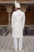 Cream Art Silk Traditional Indo Western Sherwani Long Kurta with Pant & Dupatta for Men for Wedding - Embroidery Work