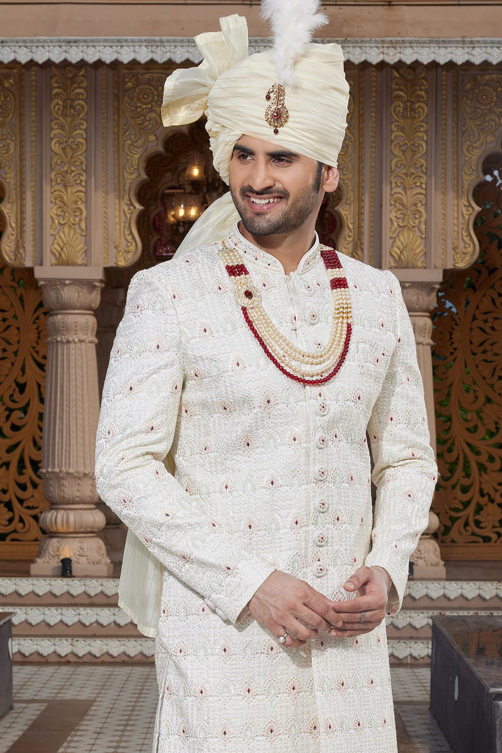 Cream Art Silk Traditional Indo Western Sherwani Long Kurta with Pant & Dupatta for Men for Wedding - Embroidery Work