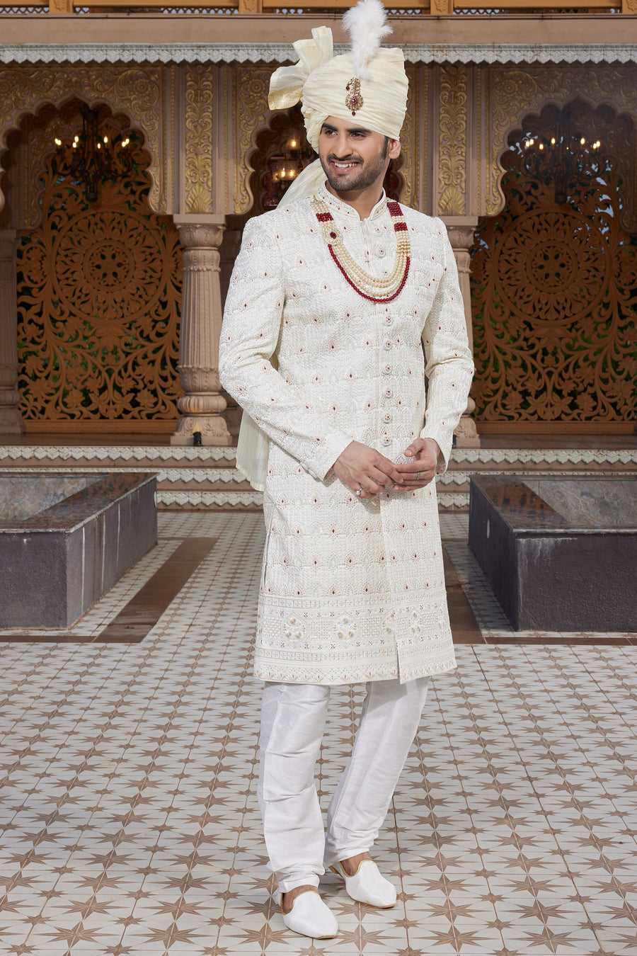 Cream Art Silk Traditional Indo Western Sherwani Long Kurta with Pant & Dupatta for Men for Wedding - Embroidery Work