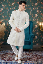Cream Art Silk Traditional Sherwani Long Kurta & Chudidar for Men for Wedding - Embroidery Work, Bead Work
