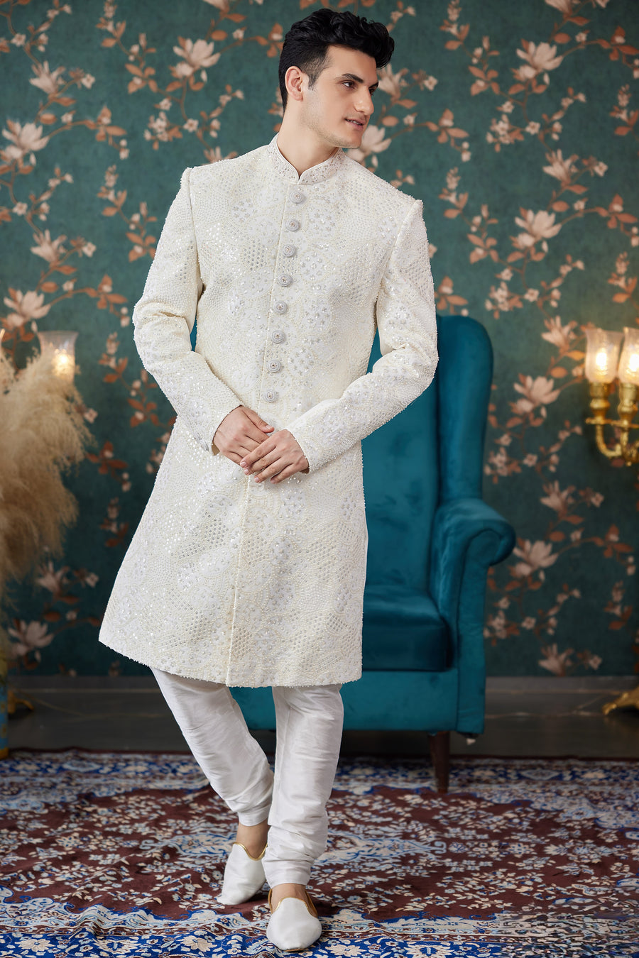 Cream Art Silk Traditional Sherwani Long Kurta & Chudidar for Men for Wedding - Embroidery Work, Bead Work
