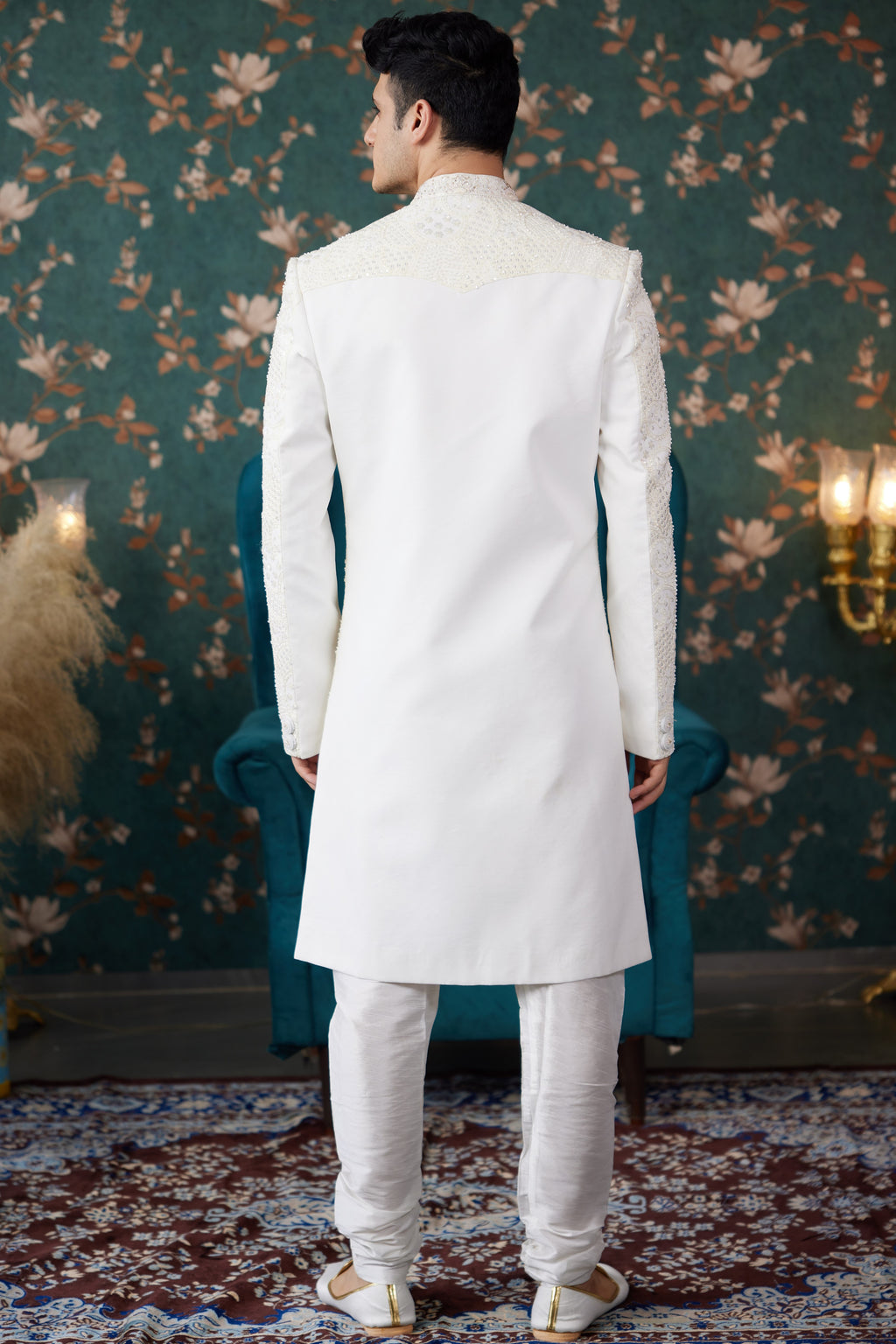 Cream Art Silk Traditional Sherwani Long Kurta & Chudidar for Men for Wedding - Embroidery Work, Bead Work