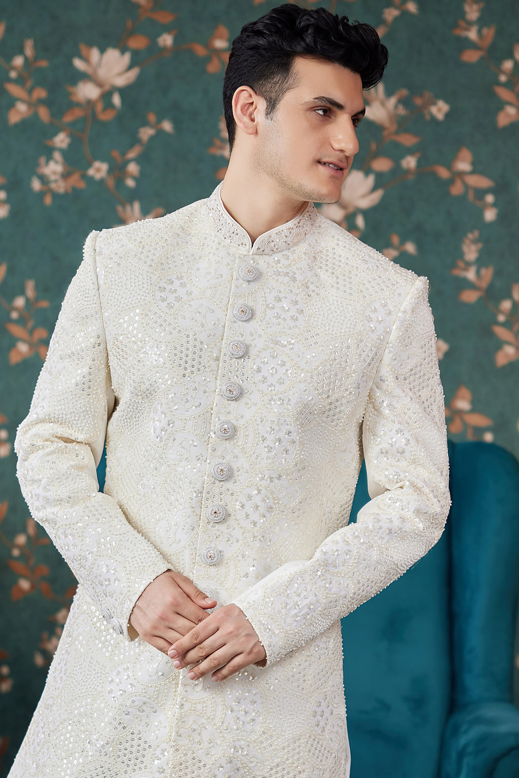 Cream Art Silk Traditional Sherwani Long Kurta & Chudidar for Men for Wedding - Embroidery Work, Bead Work