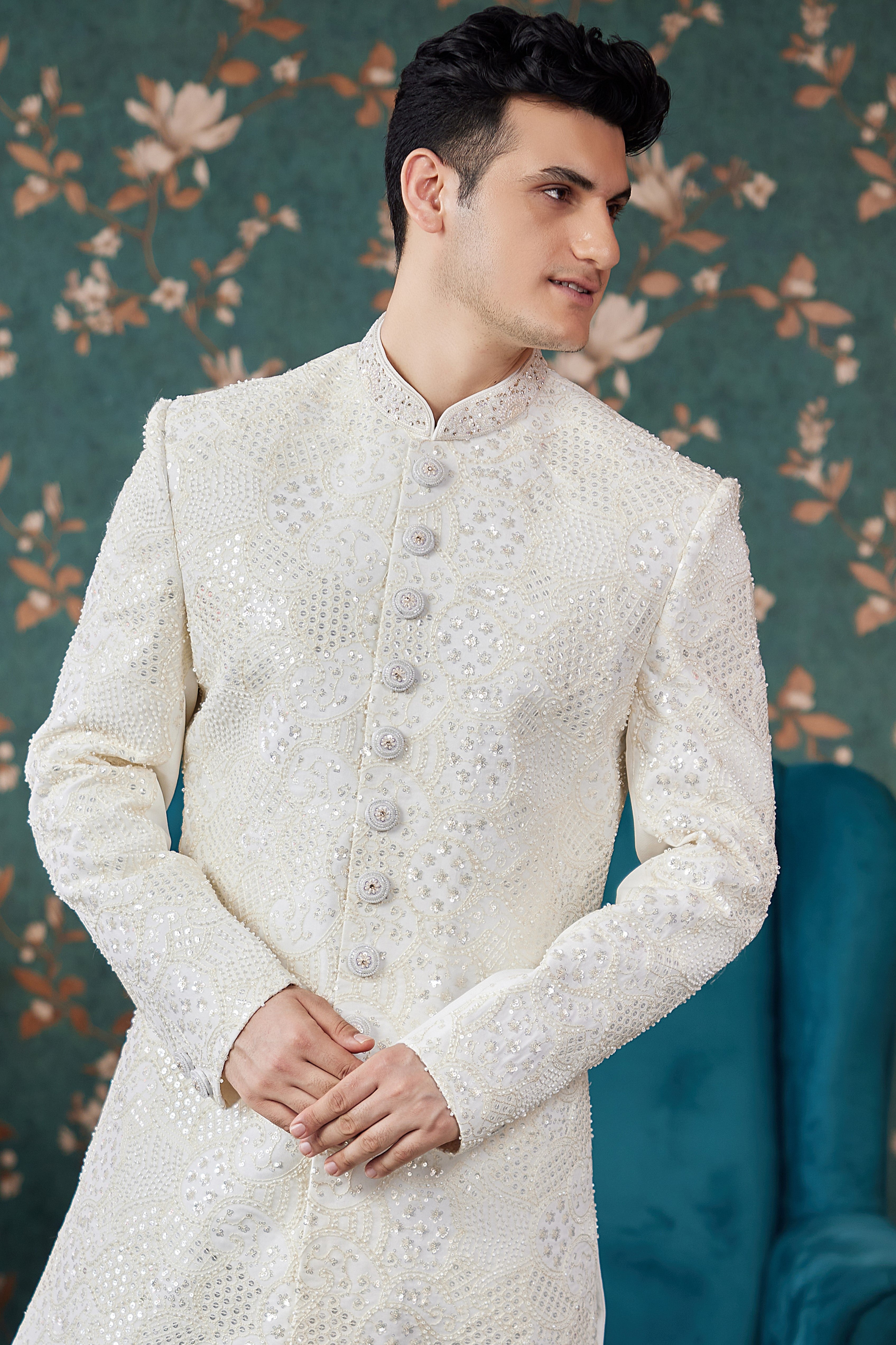 Cream Art Silk Traditional Sherwani Long Kurta & Chudidar for Men for Wedding - Embroidery Work, Bead Work