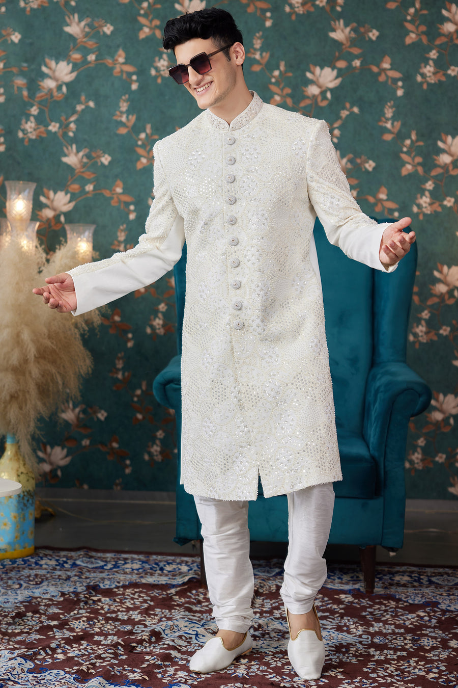 Cream Art Silk Traditional Sherwani Long Kurta & Chudidar for Men for Wedding - Embroidery Work, Bead Work