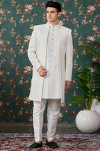 Cream Art Silk Traditional Sherwani Long Kurta & Pant for Men for Wedding - Embroidery Work, Bead Work