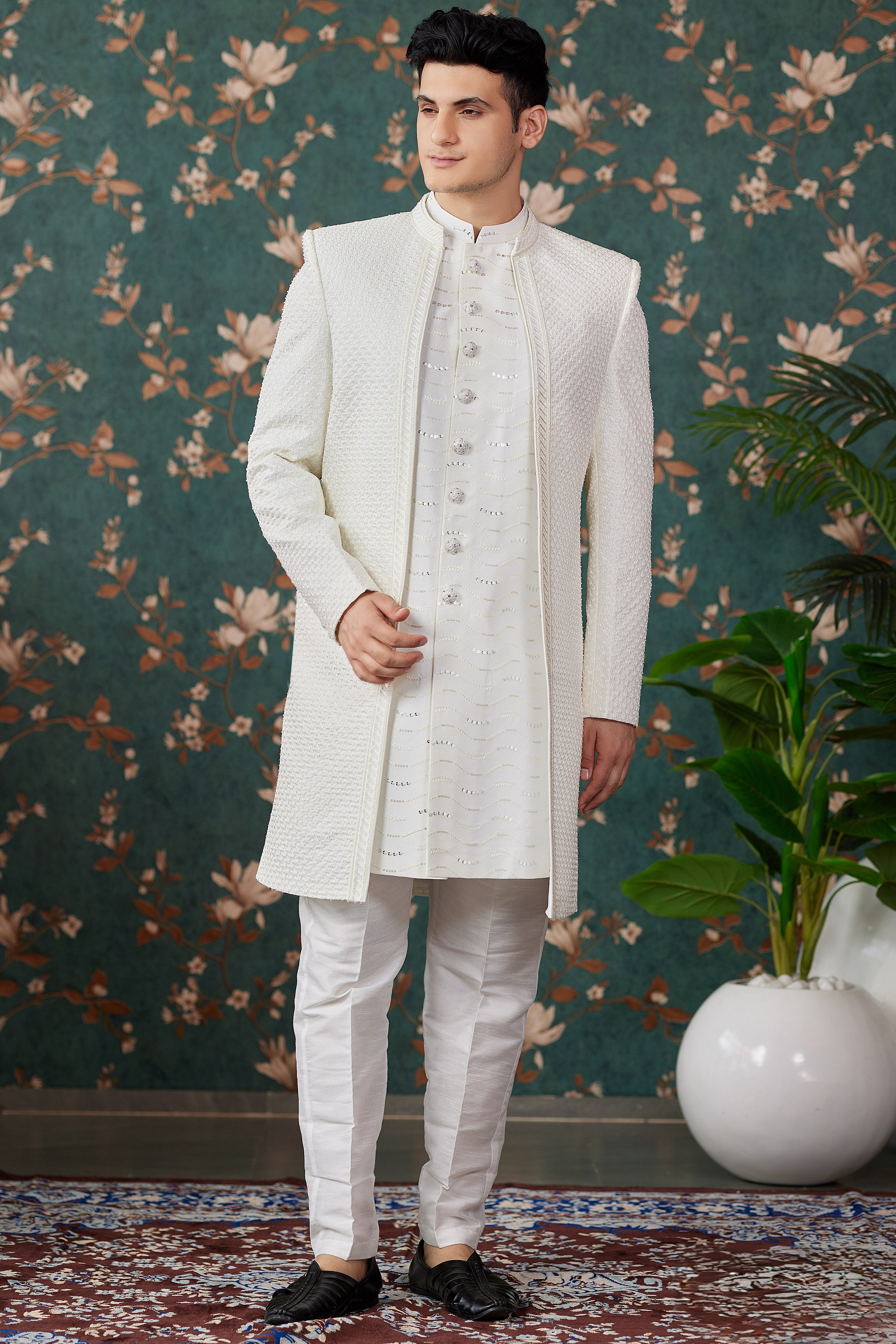 Cream Art Silk Traditional Sherwani Long Kurta & Pant for Men for Wedding - Embroidery Work, Bead Work