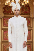 Cream Art Silk Traditional Sherwani Long Kurta & Pant for Men for Wedding - Embroidery Work
