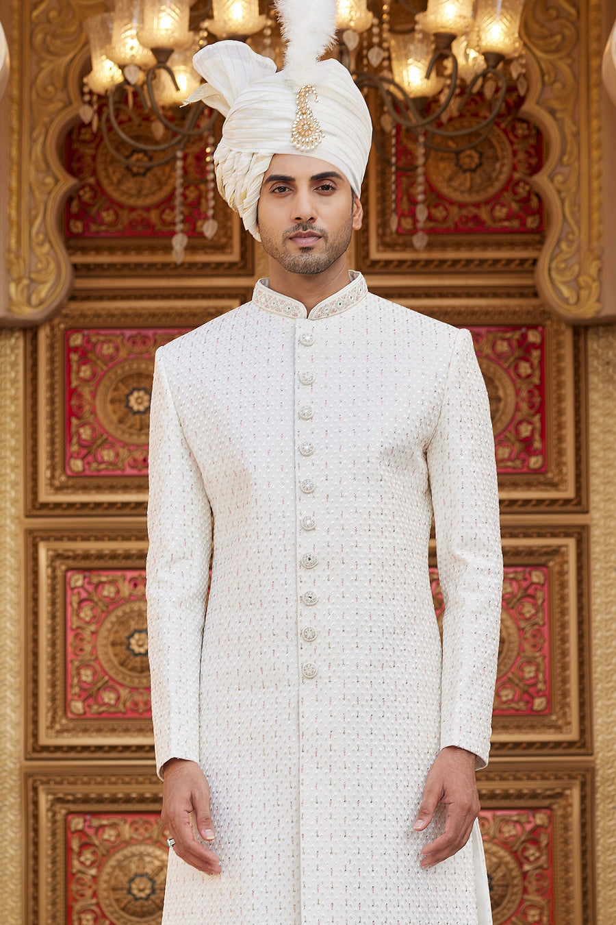 Cream Art Silk Traditional Sherwani Long Kurta & Pant for Men for Wedding - Embroidery Work