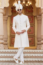Cream Art Silk Traditional Sherwani Long Kurta & Pant for Men for Wedding - Embroidery Work