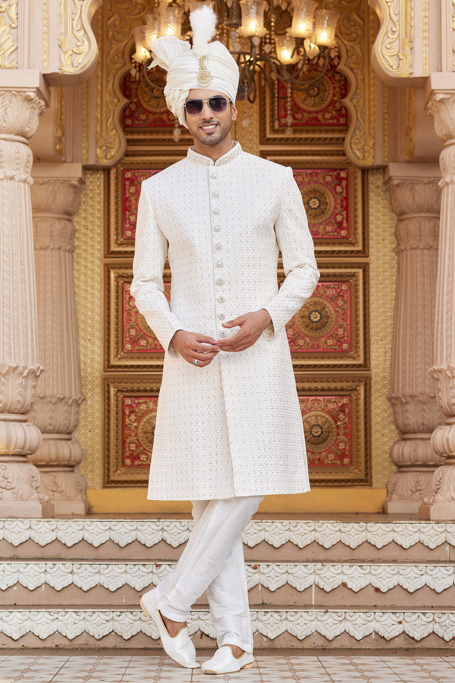 Cream Art Silk Traditional Sherwani Long Kurta & Pant for Men for Wedding - Embroidery Work